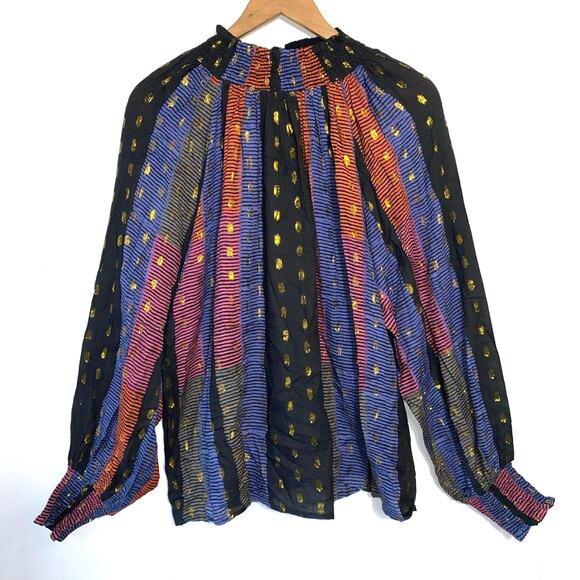 Oliphant Tops - Oliphant Metallic Boho Blouse SZ L Moc Neck Long Sleeve Eclectic Wanderlust